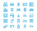Furniture vector flat line icons. Living room, bedroom, baby crib, kitchen corner sofa, nursery dining table, pillows