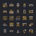 Furniture vector flat line icons. Living room, bedroom, baby crib, kitchen corner sofa, nursery dining table, pillows