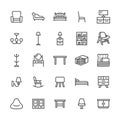 Furniture vector flat line icons. Living room tv stand, bedroom, home lighting, rocking chair, sofa, bedding dining