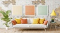 Furniture white couch with colorful pillows in a living room interior design Royalty Free Stock Photo