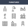 9 furnitures icons pack. trendy furnitures icons on white background. thin outline line icons such as chair, shelves, floor lamp