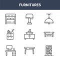 9 furnitures icons pack. trendy furnitures icons on white background. thin outline line icons such as shelves, table, lamp .