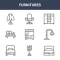 9 furnitures icons pack. trendy furnitures icons on white background. thin outline line icons such as sofa bed, floor lamp, desk