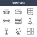 9 furnitures icons pack. trendy furnitures icons on white background. thin outline line icons such as wardrobe, ceiling light,