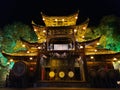 Furong Ancient Town illuminated at night. Amazing beautiful landscape scene of Furong Ancient Town