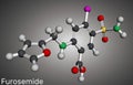 Furosemide, Frusemide molecule. Diuretic drug, is used to treat hypertension and edema. Molecular model. 3D rendering