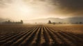 Furrows in a freshly sown field. Spring field work. Modern agriculture.