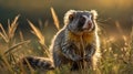 A Curious Masked Titi Monkey Gazing from a Grassy Meadow During Golden Hour Royalty Free Stock Photo
