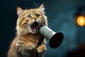 Furry announcer Cat uses hand speaker for clear, attention grabbing messages