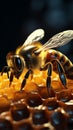 Furry bee on sweet honeycomb with copy space Royalty Free Stock Photo