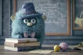 Furry blue monster with glasses sitting by a stack of books in a cozy, academic setting Royalty Free Stock Photo