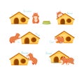 Furry Brown Hamster with Wooden House Demonstrating English Preposition of Movement Vector Set