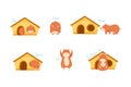 Furry Brown Hamster with Wooden House Demonstrating English Preposition of Movement Vector Set