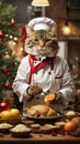 Furry Chef\'s Delight: Cat Creates Culinary Magic for a Memorable Christmas Dinner Royalty Free Stock Photo