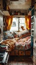 A furry dog peacefully sits on a cozy bed inside a camper, surrounded by the comforts of home on wheels Royalty Free Stock Photo