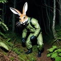 furry fetish, spooky man dressed as a green rabbit walking in the forest at night , flash photography