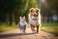 Furry friends cat and dog walking. Generative AI