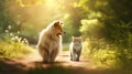 Furry friends cat and dog walking. Generative AI