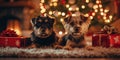 Furry Friends Celebrate Joyful Holiday Season Amongst Decorated Tree And Gifts, Ample Copy Space