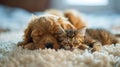 Furry friends cuddle cat and dog snoozing on white carpet, leaving ample space for text