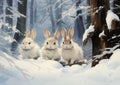 Furry Friends in a Winter Wonderland: Three White Rabbits Enjoyi Royalty Free Stock Photo