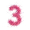 Furry number three 3. Hairy font character. Isolated fine detailed design element