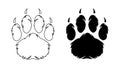 Furry paw footprint of shaggy Dog or puppy. Fur pet paw with claws. Silhouette, contour. Icon. Black vector isolated on