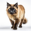 Furry Siamese cat with captivating whiskers sits on white