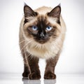 Furry Siamese cat with captivating whiskers sits on white