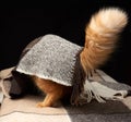 Furry tail of a red adult cat sticks out from under a woolen blanket