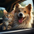 Furry travel buddies Dog and cat happily share car journey