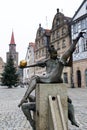 Furth, Germany, January 2020. The Circus fountain in the square of the German city of Furth. Gauklerbrunnen. Bavaria
