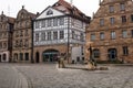 Furth, Germany, January 2020. The Circus fountain in the square of the German city of Furth. Gauklerbrunnen. Bavaria