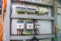 Fuse box with an electric relay and automatic machines. electric board and high voltage switches