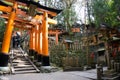 Fushimi Inari big orange Torii with shrine and few people