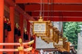 Fushimi Inari Taisha Shinto shrine, Gonden Hall Tsuridourou hanging lamps detail.