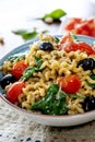 Fusilli lunghi ,cherry tomato, black olive and spinach Royalty Free Stock Photo