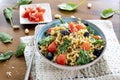 Fusilli lunghi ,cherry tomato, black olive and spinach Royalty Free Stock Photo