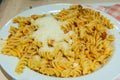 Fusilli pasta with Bolognese sauce and parmesane cheese Royalty Free Stock Photo