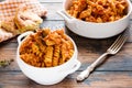 Fusilli pasta with chicken. Cooked in spicy sauce from tomatoes, onion, garlic, dried oregano and thyme, paprika and olive oil. Royalty Free Stock Photo