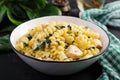 Fusilli pasta with a creamy sauce with chicken meat, parmesan cheese and spinach Royalty Free Stock Photo