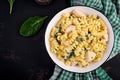 Fusilli pasta with a creamy sauce with chicken meat, parmesan cheese and spinach Royalty Free Stock Photo