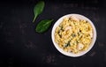 Fusilli pasta with a creamy sauce with chicken meat, parmesan cheese and spinach Royalty Free Stock Photo