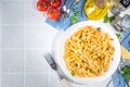 Fusilli pasta with creamy seafood sauce Royalty Free Stock Photo