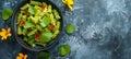 Fusilli pasta with green pesto and edible flowers Royalty Free Stock Photo