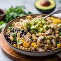 Fusilli pasta salad with black beans, avocado, corn and chicken. Royalty Free Stock Photo