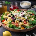 Fusilli pasta salad with black olives, cherry tomatoes, feta cheese and spinach. Italian cuisine.