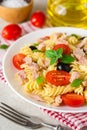 Fusilli pasta salad with tuna, tomatoes, black olives and basil on gray stone background Royalty Free Stock Photo