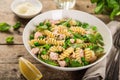 Fusilli pasta with salmon, spinach and grean peas Royalty Free Stock Photo