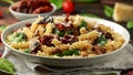 Fusilli Pasta with sun dried tomatoes, mushrooms, parmesan cheese and spinach. healthy food. Royalty Free Stock Photo